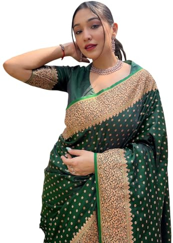 Sugathari Sari de seda Banarasi Kanchipuram azul índigo para mujer, sari tradicional de boda y fiesta con pieza de blusa, sari de seda étnico indio para novia, festivo (KS-102), Verde, Talla única
