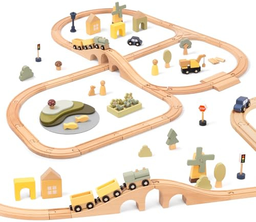 OOOK Multi-Scenario Wooden Train Set, Wooden Train Track Set for Toddlers, Engineering Kids Railway Toy Kits for 3 4 5 Years Old Girls & Boys