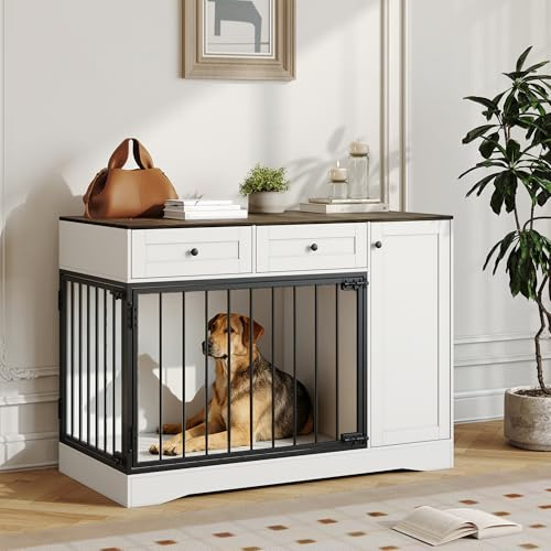 Garvee 47'' Farmhouse Dog Crate Furniture & TV Stand with Double Doors, Modern Indoor Kennel Dog Cage Buffet Cabinet Side End Table with 2 Drawers and Storage Cabinet for Small Medium Dogs Pet House