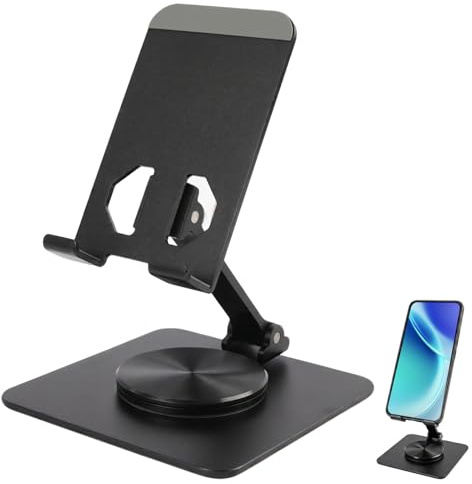 Soporte Móvil de Escritorio Giratorio 360°,Soporte para Teléfono y Tablet Regulable en Altura,Plegable y Universal,Base Metálica Estable,para Smartphone,Negro