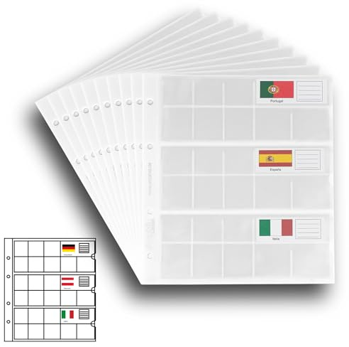 10 Prophila Münzhüllen für 3 komplette €-Kursmünzensätze für je 8 Münzen, mit 5 weißen Karton-Zwischenbl. + 24 Flaggen