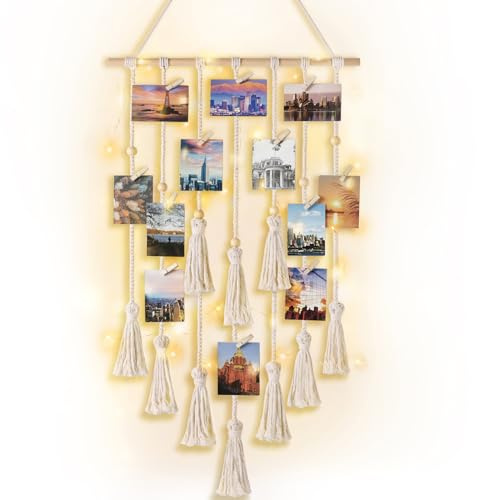 Mkono Hanging Photo Display Boho Macrame Wall Decor with Light, Teen Girl Teenage Gifts, Pictures Cards Frame Holder Art Hanger for Christmas Birthday Party Bedroom Dorm, with 30 Wood Clips, Ivory