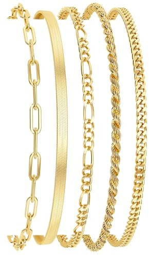 DEARMAY 14K Gold Plated Bracelets for Women Trendy Gold Jewelry Set for Women Cuban Link Chain Figaro Paperclip Rope Herringbone Bracelet Pack Gifts