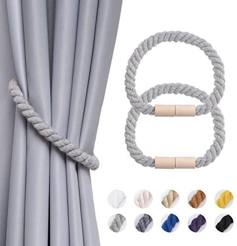 Pretty Jolly 2-pack magnetiska gardinbindningar i trä boho heminredning draperi bakstycken naturlig bomull handgjorda rep gardinhållare för tunt eller tjockt hem och kontor fönsterdraperi (ljusgrå)