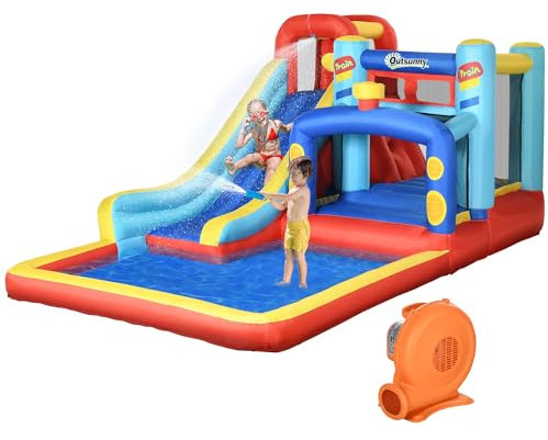 Outsunny Castello Gonfiabile per Bambini da Esterno con Scivolo, Trampolino e Piscina, Parco Acquatico, Castello Gonfiabile per Giardino, Età 3-8 Anni, Gonfiatore Incluso, 435x245x200cm
