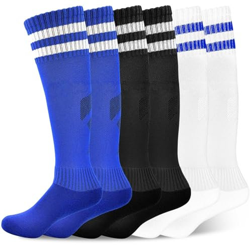 Fussball Socken Kinder, Unisex Atmungsaktiv Atmungsaktiv Fußballsocken, 3 Paar Schwarz Blau Weiß Elastische Trainingssocken Sportsocken für Jungen Mädchen 5-12 Jahre