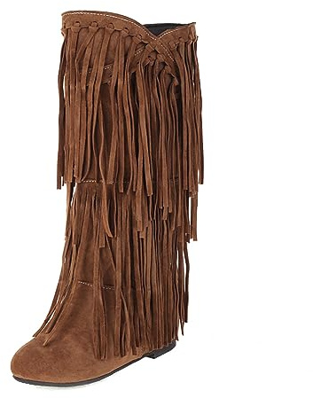 gongxifacai Women's Fringe Western Boots Hidden Heel Knee High Boots, Yellow