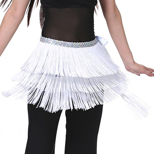 MUNAFIE Foulard de Danse du Ventre et des Hanches, Jupe Courte à Franges sequinées, vêtements pour Femmes pour Halloween Blanc