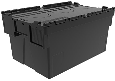 Solent Plastics Heavy Duty 100% Recycled Plastic 56 Litre Attached Lidded Container Storage Box Totes (60 x 40 x 31cm) Black - Pack of 10