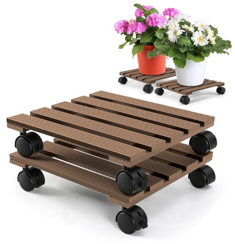 Ikodm 2 x WPC planterulle fyrkantig 30 x 30 cm | blomrulle med hjul, rullunderlägg, lastkapacitet 80 kg | krukrulle för inomhus- och utomhusbruk | rullbräda för växter, blomkruka (brun)