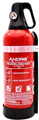 ANDRIS® 2kg ABC Pulver Feuerlöscher/Autofeuerlöscher mit KFZ-Halterung und Griffhaube, DIN, EN3