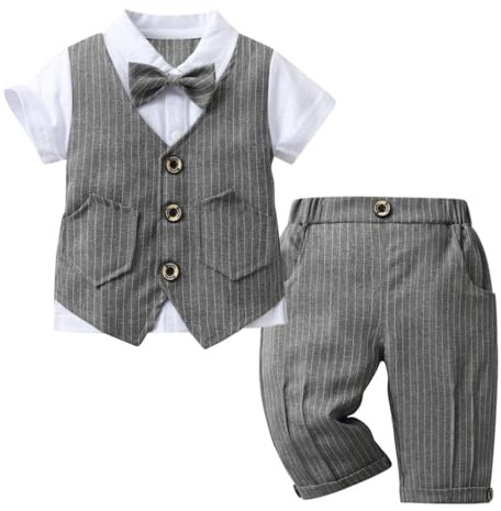 Lito Angels Completo Elegante Bambino Estivo Abito Formale con Gilet e Papillon Taglia 2-3 Anni, Grigio Strisce