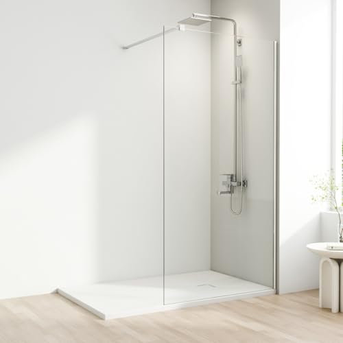 AQUARA Shower Screen, Frameless Shower Screen with Support Bar – Reversible Left and Right. 8mm Easy to Clean Toughened Glass (Chromed Trim with Clear Glass, 900mm)