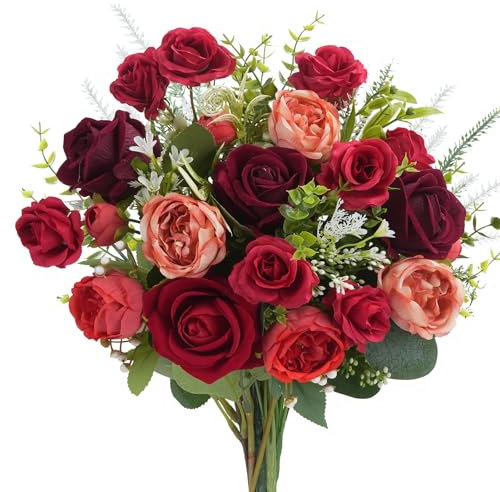 Luabue Kunstblumenstrauß Rosen mit Eukalyptus und Lavendel Künstliche Blumen Rot Blumenstrauß Künstlich Wie Echt Seidenblumen für Hochzeit Valentinstag Muttertag