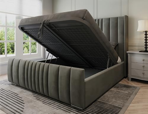 Furnishion Manhattan King Size Bed Frame with Storage, Modern Velvet Ottoman King Size Beds with storage, Luxury Panelled Frame with Metal Mesh Base & 48 Headboard, Storage Bed in Grey Plush