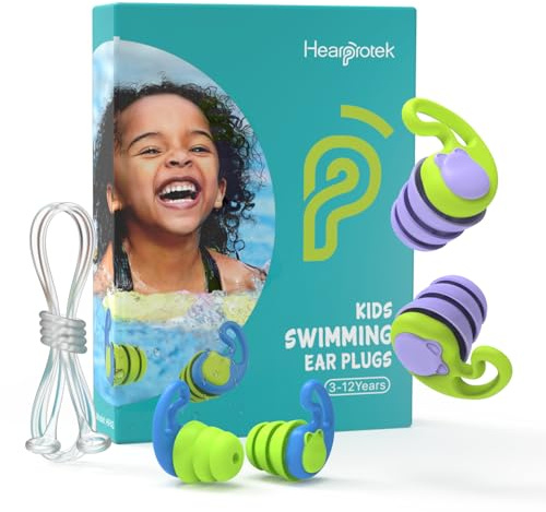 Hearprotek Schwimm-Ohrstöpsel für Kinder, wiederverwendbar, Silikon, wasserdicht, Gehörschutz für Schwimmen, Dusche, Pool, Wassersport (3–12 Jahre), Blau und Lila, 2 Paar