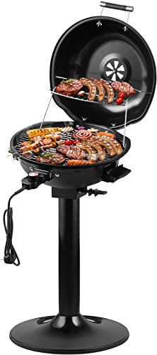 CUSIMAX Barbecue électrique Barbecue sur pied avec couvercle et pied, température réglable et bac de récupération des graisses, 1600W Barbecue électrique pour utilisation en extérieur