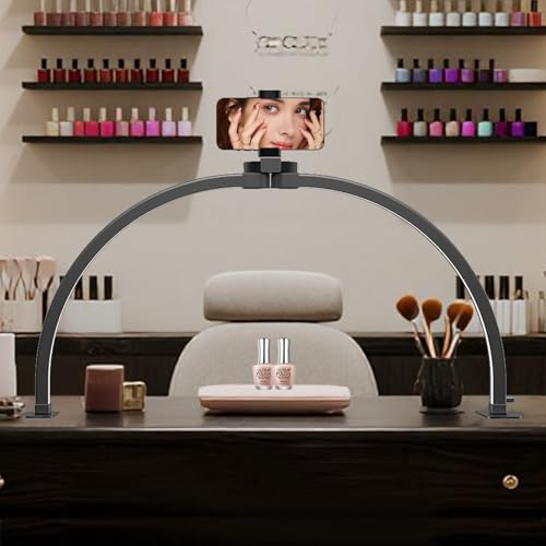 GraceGlow Lámpara de media luna para mesa de manicura, lámpara LED plegable de 74 cm con soporte para teléfono, lámpara de arco para manicura, belleza, tatuajes y pestañas-negro