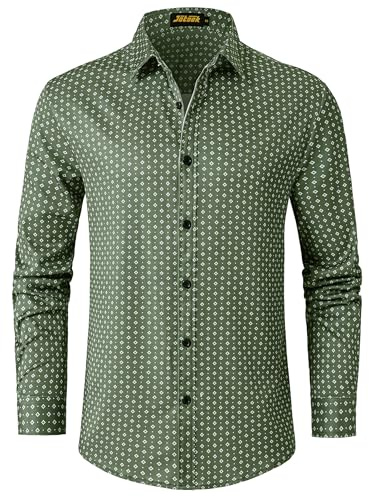 JOTOOK Mens Printed Dress Shirts Long Sleeve Button Down Shirts Stretch Business Casual Shirt Large Army Green Flower