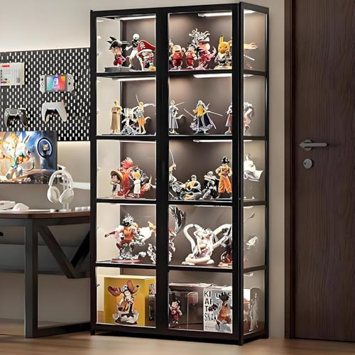 Scribora Vetrina anta vetro acrilico, vetrina 5 ripiani, organizer giocattoli collezione, libreria camera da letto, angolo lettura, bambini, bambù (porta a foglio nero)