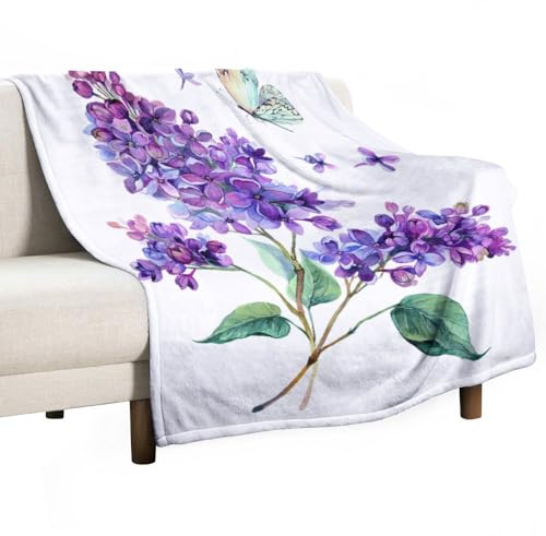 Manta suave con hermoso ramo de lilas y mariposas blancas, acogedora y cálida franela de otoño, cómoda manta para sofá cama, sofá para todas las estaciones, ligera, para decoración del hogar, 50 x 60