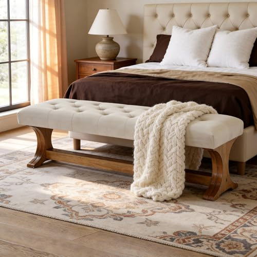 LITTLE TREE 55 Upholstered End of Bed Bench, Solid Wood Tufted Entryway Bench, Farmhouse Ottoman with Cushion for Bedroom, Foot of Bed, Living Room, Hallway, Light Gray