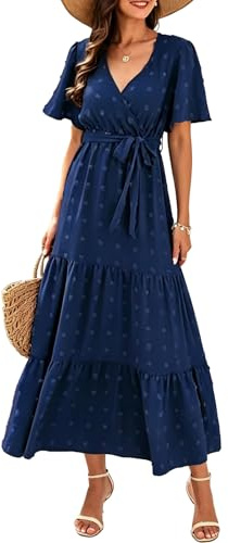 KUNJLELP Robe Femme Décontractée Maxi Col en V Manches Courtes Robe Bohème d'Été à Texturé Pois Robe Enveloppante avec Ceinture pour Plage Vacances