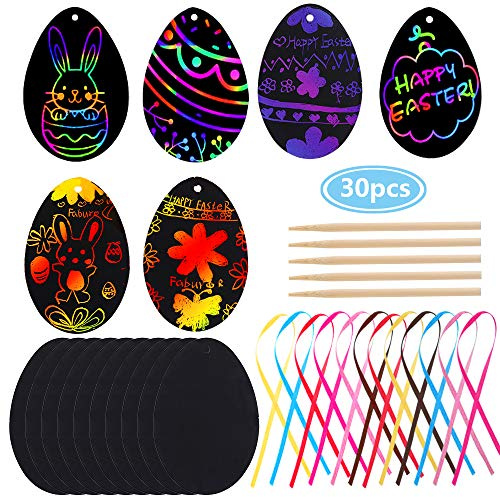 Faburo 30pcs Easter Scratch Art Egg Decorations Papers Crafts Gifts for Kids Party Bag Fillers