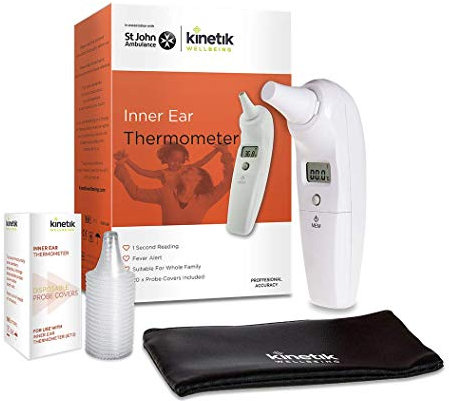 Kinetik Wellbeing Inner Ear Thermometer – Medical Body Temperature Thermometer for Adults, Kids, Baby from Birth, Fever Alert - Used by the NHS, Quick & Accurate - Portable Travel Pouch