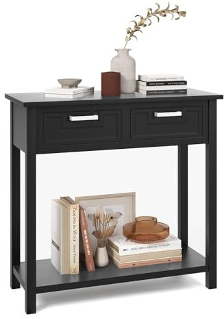 CASART Console Table with Drawers, Wooden Hallway Table with Storage Shelf, Narrow End Table Slim Sofa Side Table for Entryway Living Room Bedroom (Black)