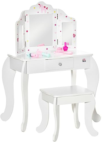 HOMCOM Kids Vanity Table and Chair Set, Girls Vanity Set with Tri-Folding Mirror and Stool, Makeup Dressing Table with Drawer, White