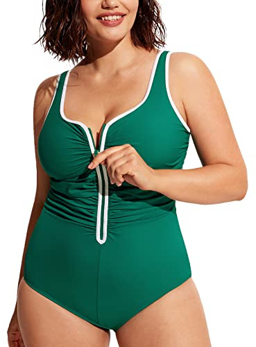 DELIMIRA Donna Costume da Bagno Coppe con Imbottite Cerniera Frontale Verde Scuro 56