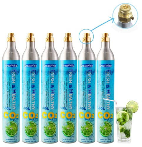 GreatWhip 60L CO2 Cylinder For Sodastream, Exchange Carbonator, Compatible w/All Threaded 'Screw-In' Soda Makers, Threaded Cylinders, NOT for quick-connect models, Set of 6