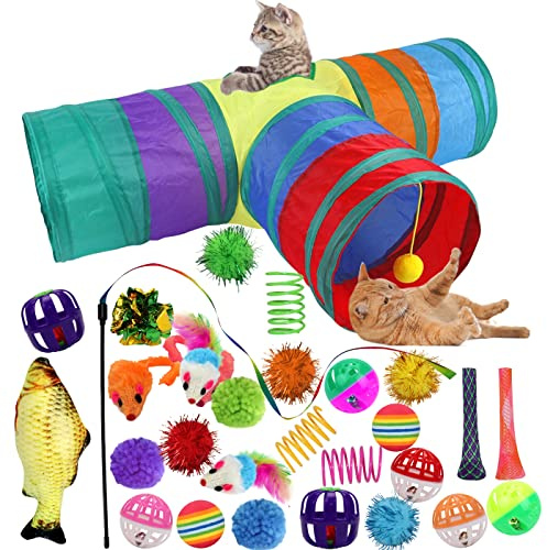Ywediim Cat Interactive Toys, Including Fluffy Mouse, 2 or 3 Way Hole Tunnel, Catnip Fish, Mice, Cat Teaser Wand, Toy Woven Springs, Colorful Crinkle Balls, and Bells for Indoor Cats Kitten