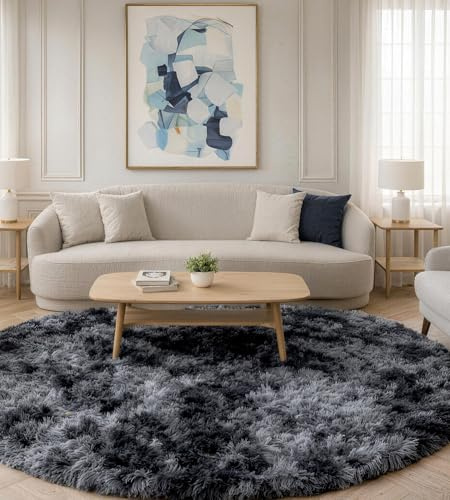 VOFUSHON Teppich Rund 120 cm Dunkelgrau Waschbar Rutschfester Hochflor Runder Teppich Schlafzimmer Weich Flauschig Rug