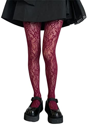 shownicer Collant Femme Sexy Bas Resille Mesh Y2K Extensible Filet élastique Noir Motifs Fleurs Fantaisie à Motif A Rouge Taille Unique