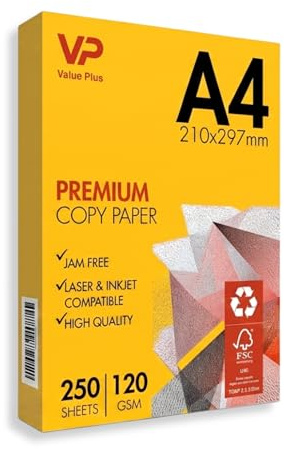 Value Plus 120gsm A4 Printer Paper – 250 Sheets Ultra-Bright White – Heavyweight Smooth Finish for Professional Color Printing – Optimized for Laser, Inkjet & Copiers