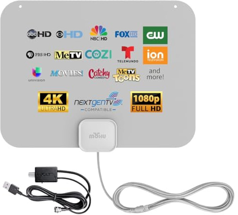 Mohu Leaf Amplified – Ultra-Thin Indoor TV Antenna, 60-Mile Range, Jolt Switch Amp, UHF VHF, Multi-Directional, 4K UHD, NEXTGEN TV - w/ 12 ft. Cable
