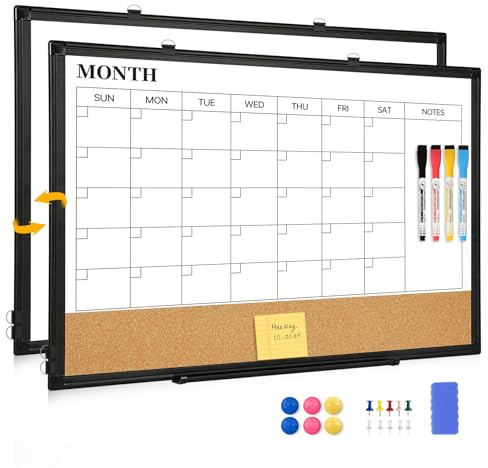 QUEENLINK Dry Erase Calendar Board for Wall, 24x18 Magnetic Whiteboard Calendar Double-Sided Monthly White Board with Cork Board, Black Aluminum Frame Memo Message Board for Office, Home, School