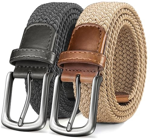 KEMISANT Gürtel Herren 2er, Elastischer Flechtgürtel Damen Herren Stoffgürtel Geflochten Stretchgürtel Golfgürtel 35mm(Beige/Dunkelgrau,115cm/36-40 taille verstellbar)