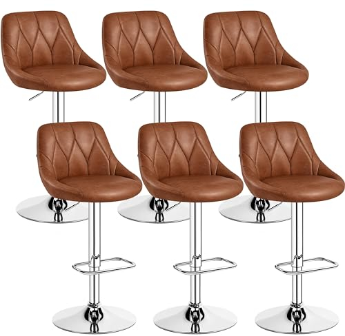 Yaheetech 6er Barhocker-Set Verstellbare Sitzhöhe 61,5 cm - 83 cm Polsterhocker mit Drehbarer Sitzfläche Hocker mit Fußstütze für Küche/Bar/Salon/Esszimmer, Rostbraun