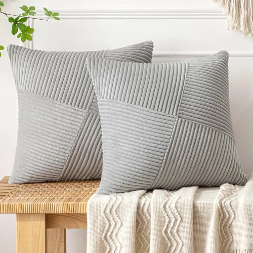 MIULEE Kissenbezug 45x45 Grau Kordsamt 2er Set Kissenbezüge Zierkissenbezug Kissenhülle Sofakissen Dekokissen Streifen Muster Patchwork Design für Wohnzimmer