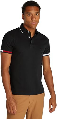 Tommy Hilfiger Herren Poloshirt Kurzarm Flag Cuff Slim Fit, Schwarz (Black), L