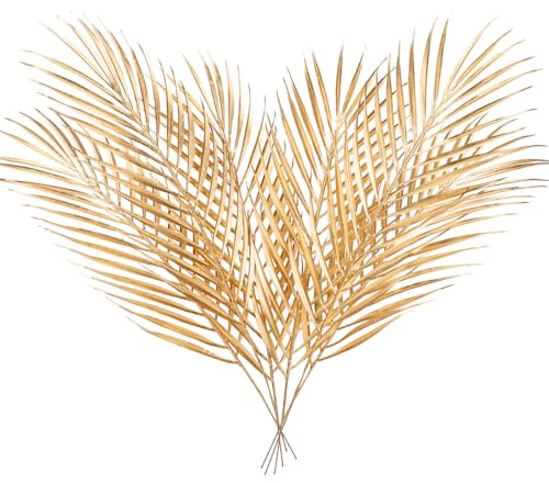Hollyone 6 hojas de palma doradas de 19 pulgadas, hojas artificiales grandes tropicales, tallos de hojas de palma falsas, plantas artificiales decorativas para fiestas de selva, decoraciones de boda