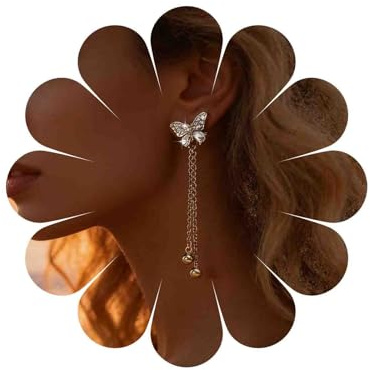 Katshdan Pendientes colgantes con cadena de mariposa de cristal, cadena de oro, pendientes largos con borlas, cadenas de mariposa de circonita cúbica, pendientes de diamantes de imitación