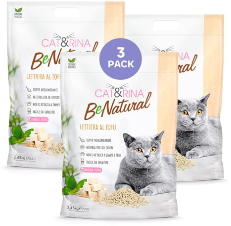 Cat&Rina BeNatural Tofu-kattlåda 5,5 l, bubblande och grönsaker. Upp till 30 dagars användning, bortskaffas i ekologisk eller toalett. Klassisk anti-lukt sand katter, 3 st