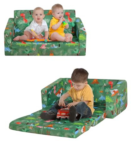 PWTJ-Two Seats Children's Sofas 2-in-1 Flip Open Foam Sofa Bed - Convertible Chair for Kids' Room, Playroom, Easy to Move (Green)