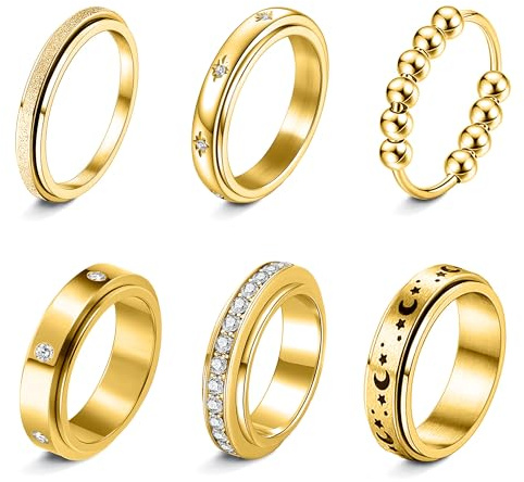 LOFITOR Anti-ångest-ringar, 6 stycken spinner-ringar, fidget-band-ringar för stress- och ångestlindring, för kvinnor och män, av rostfritt stål roller-ringset, CZ, måne och stjärna, guld-/silverfärg