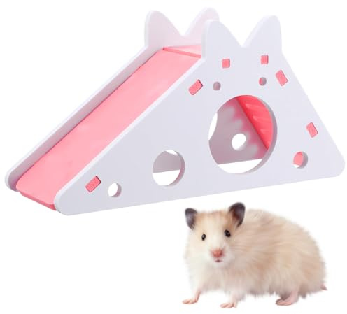 TIESOME Hamster House with Ladder and Slide, Wooden Hamster Play Toys Hideout Hut Gerbil Rat Hideaway Small Animal Activity Toy DIY Cage Accessories for Small Pets(Pink)