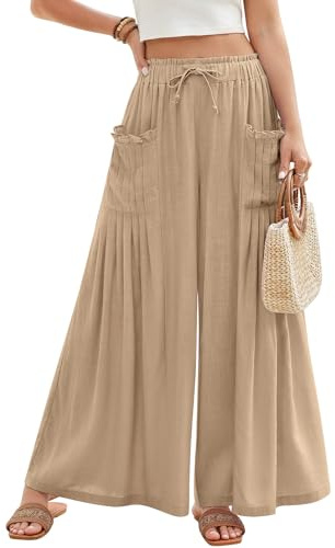 PASUDA Pantaloni Donna Estivi Lino Gamba Larga Pantaloni Leggeri Larghi Elastico Vita Alta Lunghi Eleganti Pantalone da Spiaggia Solido Sciolto Casual Comodi con Tasche Coulisse (Kaki, S)